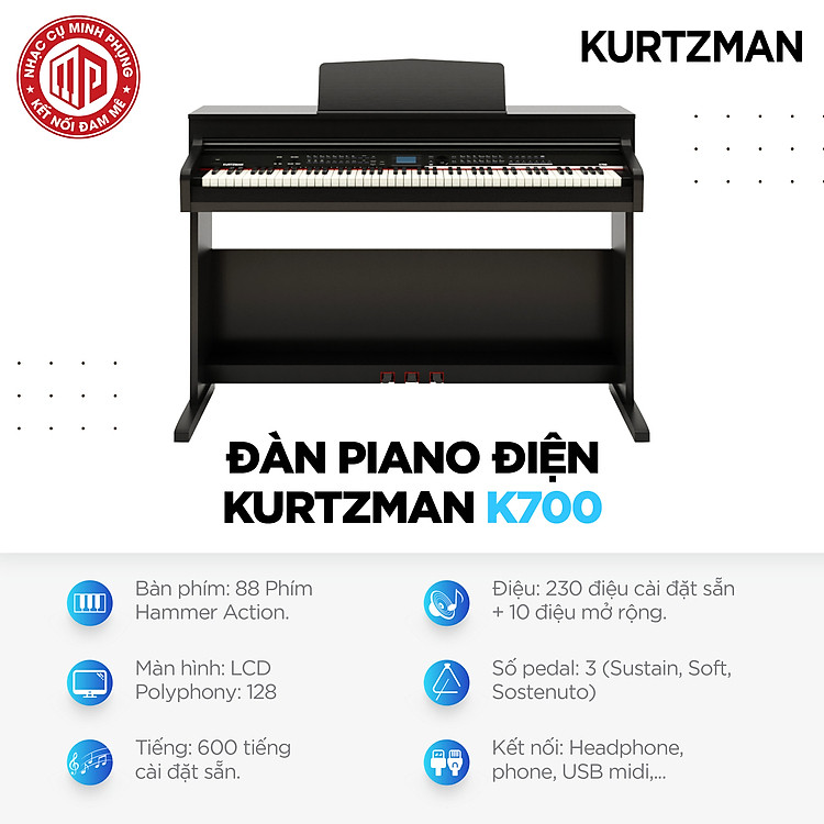 Đàn Piano điện cao cấp/ Home Digital Piano - Kzm Kurtzman K700 (DR) - Màu nâu đen - Hàng chính hãng