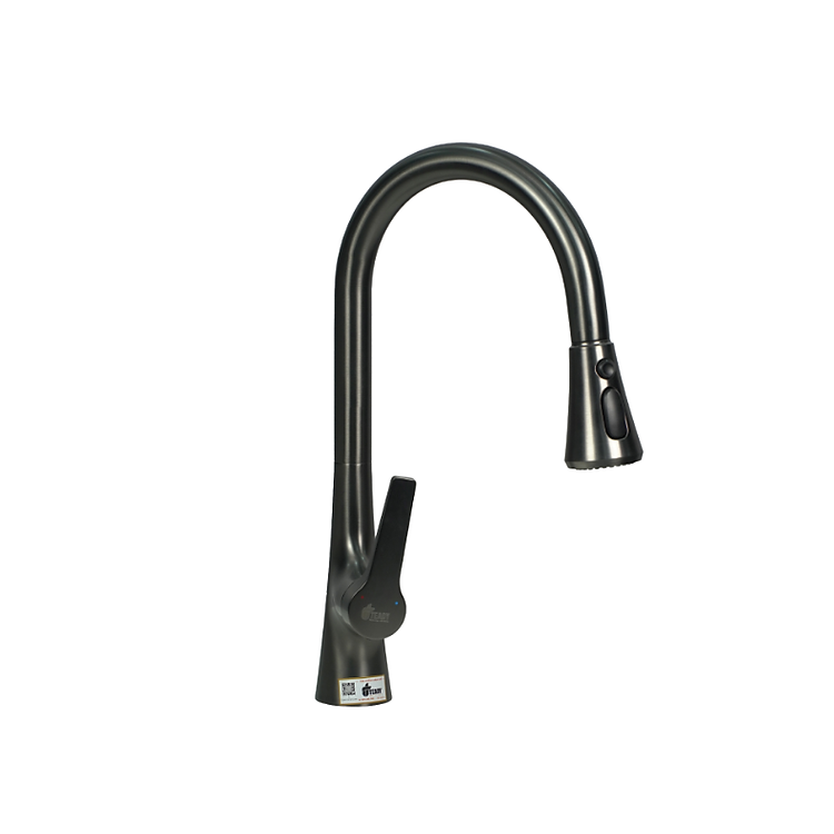 Vòi rửa nóng lạnh cao cấp xoay 360 dây rút đồng mạ PVD màu xám Juno sofa Teady VCCT-1990