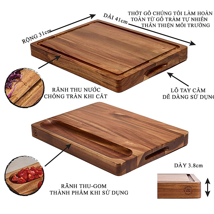 THỚT GỖ TRÀM TO VÀ DÀY, KT 41x31x3.8cm, CÓ RÃNH THU NƯỚC & GOM THÀNH PHẨM VÀ LỖ TAY CẦM 2 BÊN