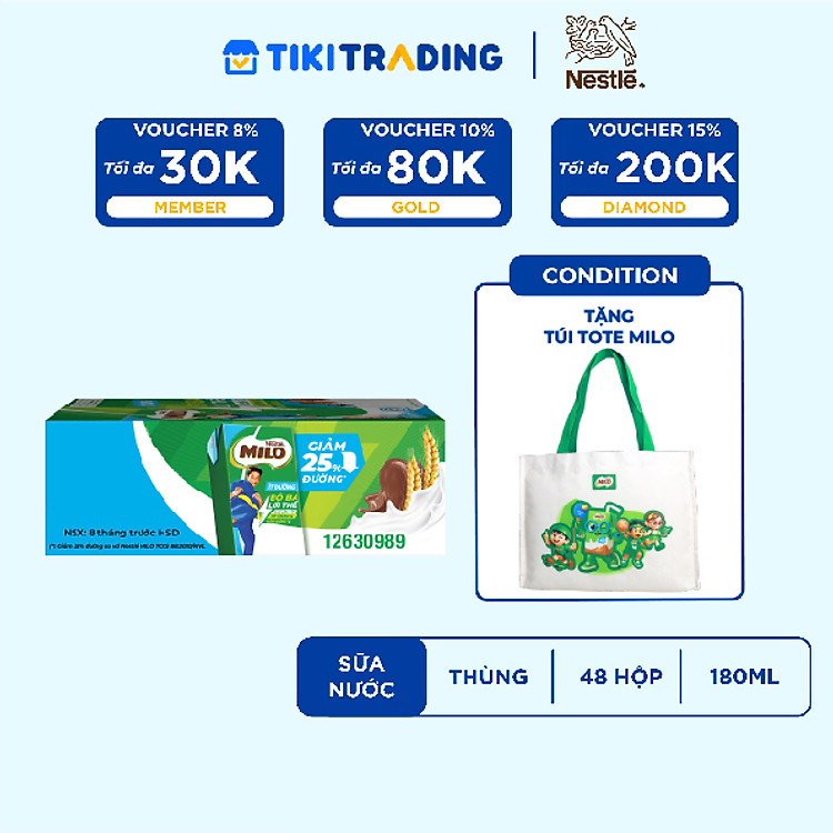 Thùng 48 hộp sữa lúa mạch Nestlé MILO Ít đường 180ml