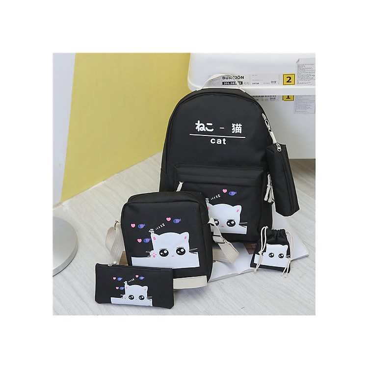 COMBO Bộ 5 ba lô gồm ba lô+túi ipad+ví_túi rút+hộp bút Họa tiết Meo Meo BOTUSI