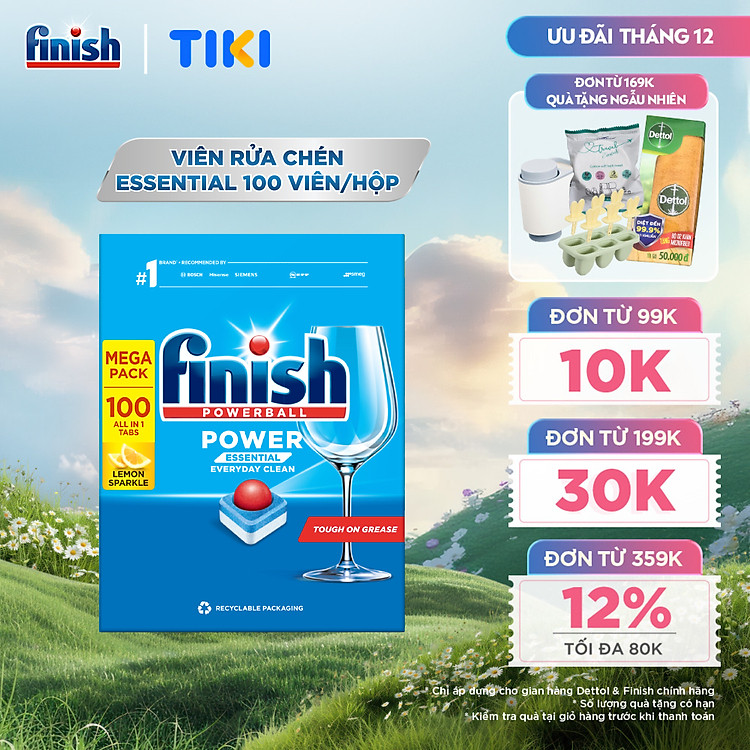 Viên Rửa Chén Bát Hương Chanh Finish Powerball Power Essential Lemon Sparkle - Túi 100 viên siêu tiết kiệm