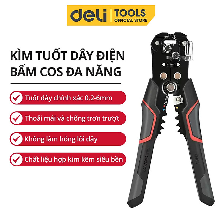 Kìm Tuốt Dây Điện Bấm Cos Đa Năng Deli Chất Liệu Thép Cao Cấp Điều Chỉnh Lực Tuốt Dây Dễ Dàng DL2018