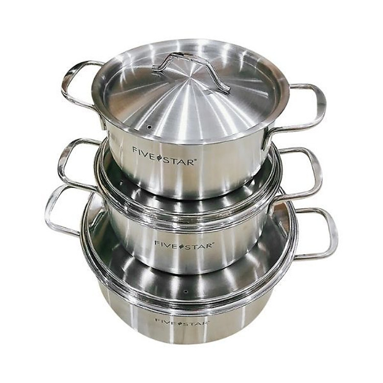 Bộ Nồi Inox 430 cao cấp 1 Đáy Fivestar 3 Chiếc Nắp Inox , dùng được mọi bếp , tặng 1 rổ inox 22cm
