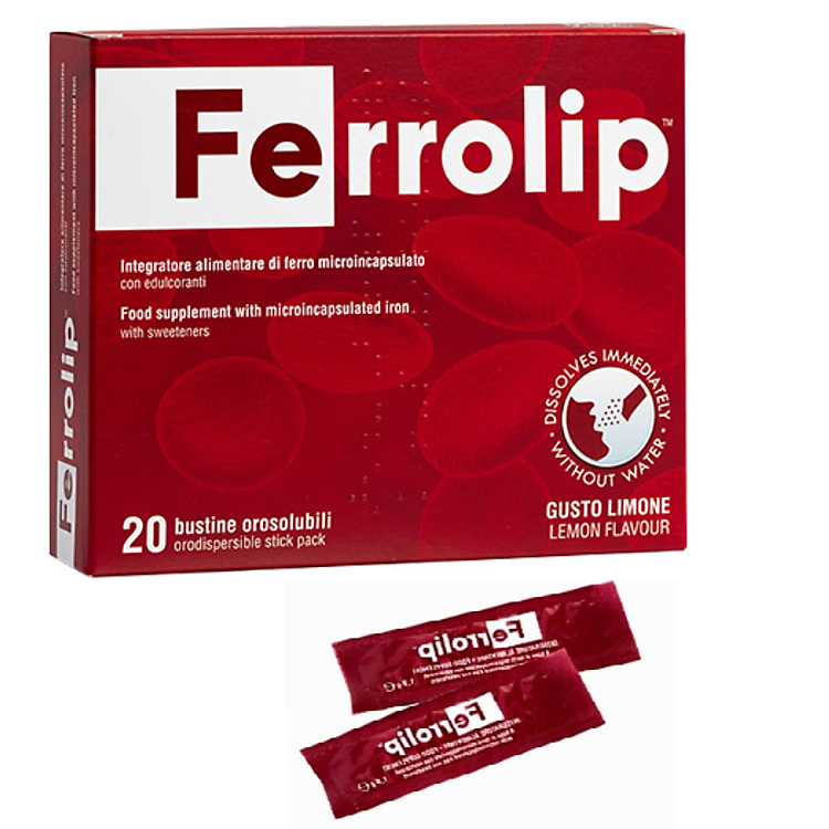 Sắt Bột Buccal Tan Ngay Trong Miệng Ferrolip ( hộp 20 gói) dự phòng thiếu máu cho người lớn, mẹ bầu