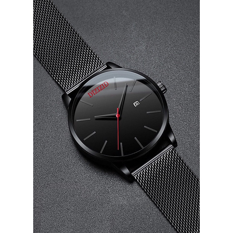 Đồng hồ nam dây thép lưới đen DIZIZID chạy lịch ngày cao cấp DZD09