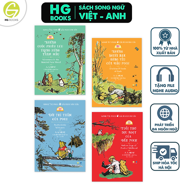 Trọn bộ 4 cuốn sách Gấu Pooh Xinh Xắn - Winnie The Pooh (A.A.Milne) bản Song ngữ có Audio giúp bé học tiếng Anh