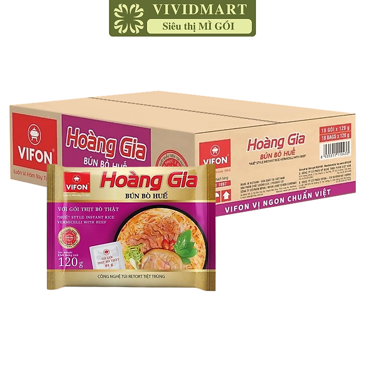 VIFON - Bún Hoàng Gia hương vị Bún Bò Huế (có thịt thật) (120g/gói) - Bún Bò Huế ăn liền, Bún Bò Huế Hoàng Gia