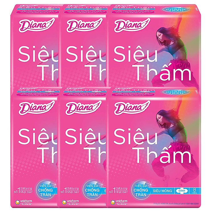 Combo 6 Băng Vệ Sinh Diana Siêu Thấm Siêu Mỏng Cánh 23cm (Gói 8 Miếng)