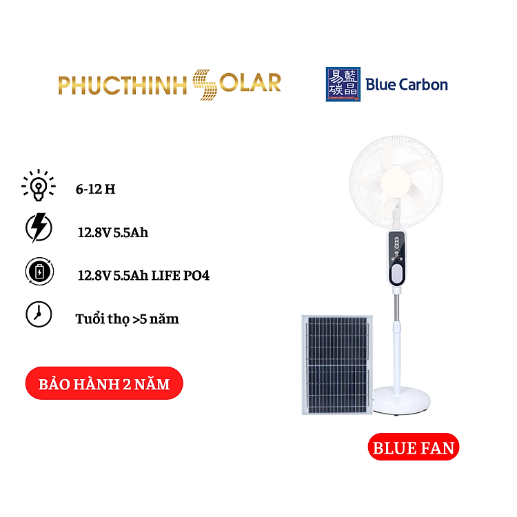 Quạt Năng Lượng Mặt Trời 20W Blue Fan, Quạt Có Điều Khiển Từ Xa, Đèn Thông Minh, Cổng Sạc USB | Phúc Thịnh Solar