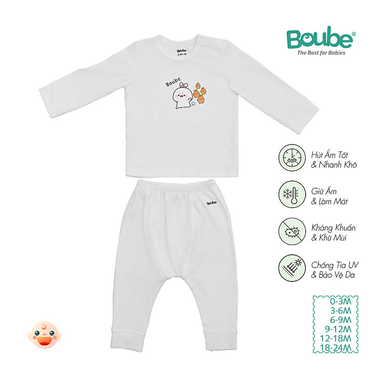 Bộ quần áo dài tay cúc bấm vai cho bé sơ sinh và trẻ nhỏ nhiều màu sắc Boube, Vải Cotton organic thoáng mát - Size 0-24M