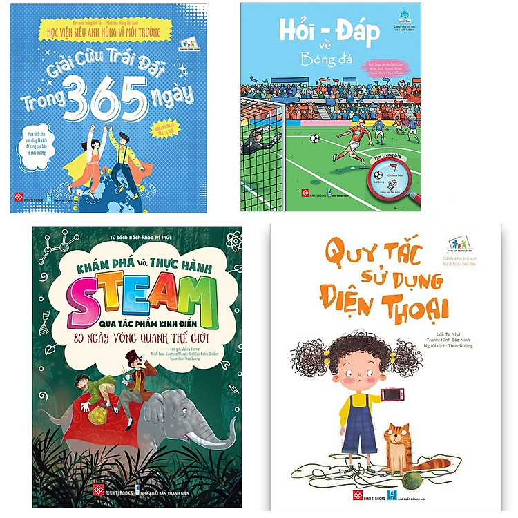 Combo Khám Phá Thế Giới (4 cuốn):Giải Cứu Trái Đất Trong 365 Ngày,Hỏi - Đáp Về Bóng Đá,Khám Phá Khoa Học Từ Văn Học Kinh Điển - Vòng Quanh Thế Giới Trong 80 Ngày,Quy Tắc Sử Dụng Điện Thoại