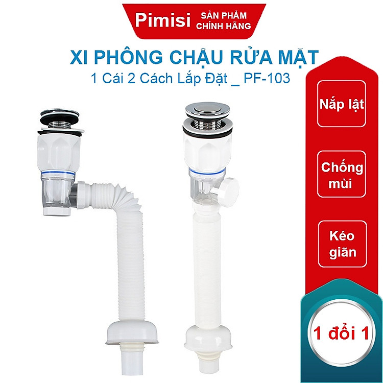 Xi Phông Chậu Rửa Mặt Pimisi PF-103 Thoát Nước Lavabo Có Tràn - Không Tràn, Ống Nhựa Chun Sun Ngăn Mùi, Đầu Inox Cao Cấp