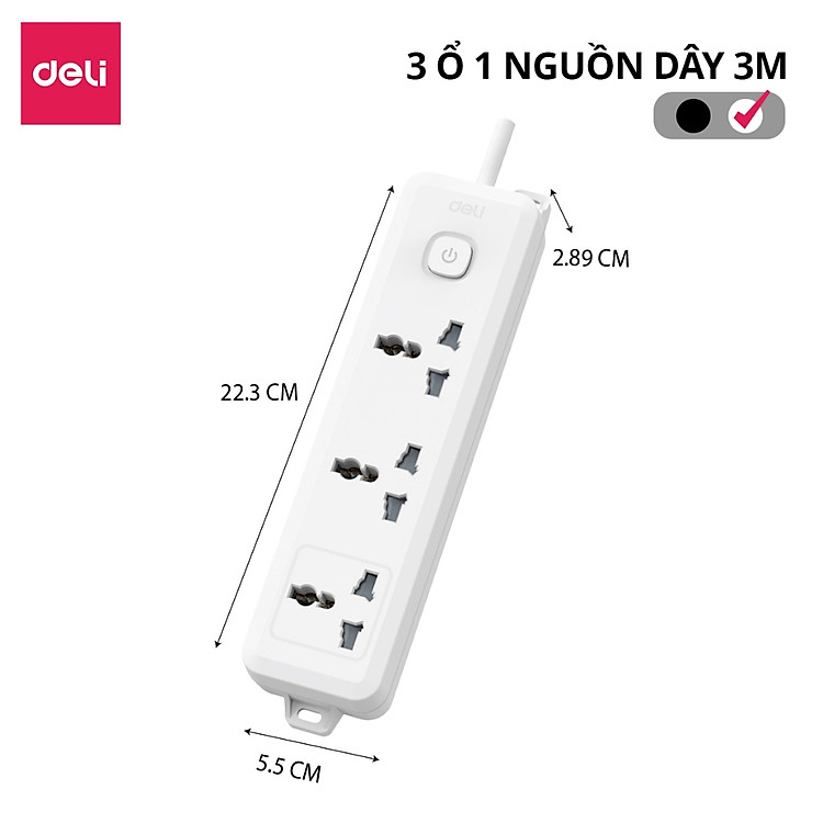 Ổ Cắm Điện Mẫu Mới 2025 Deli Ổ ĐIện Đa Năng Chống Cháy Nổ 2500W Cổng Sạc USB/ TypeC Thông Minh