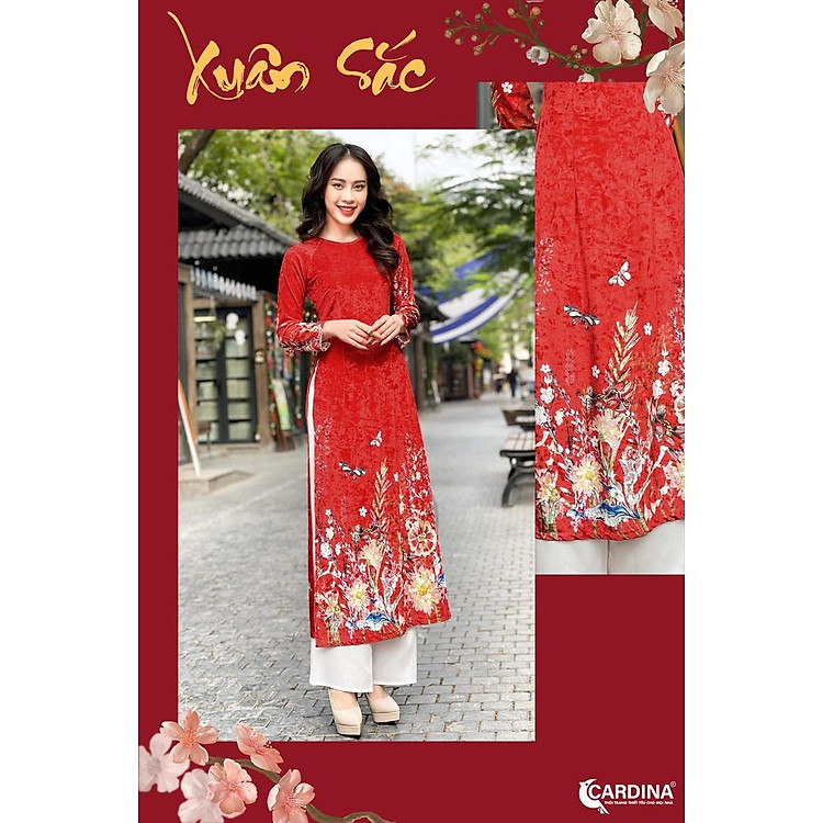 ÁO DÀI CÁCH TÂN, VẢI TUYẾT NHUNG CAO CẤP HOA CỎ MÙA XUÂN, DỊU DÀNG CÙNG XUÂN SANG