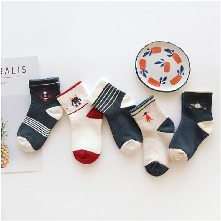 Set 5 Đôi Vớ Chống Trượt Cao Cổ Cho Bé - Xanh Đen