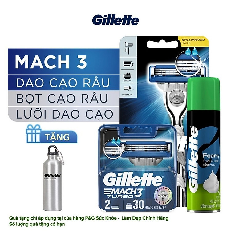 Dao Cạo Râu Gillette Mach 3 Turbo Cùng Bộ 2 Lưỡi Dao Thay Thế Và Bọt Cạo Râu Gillette Hương Chanh Chai 175G Tặng Bình Giữ Nhiệt Kim Loại Cao Cấp