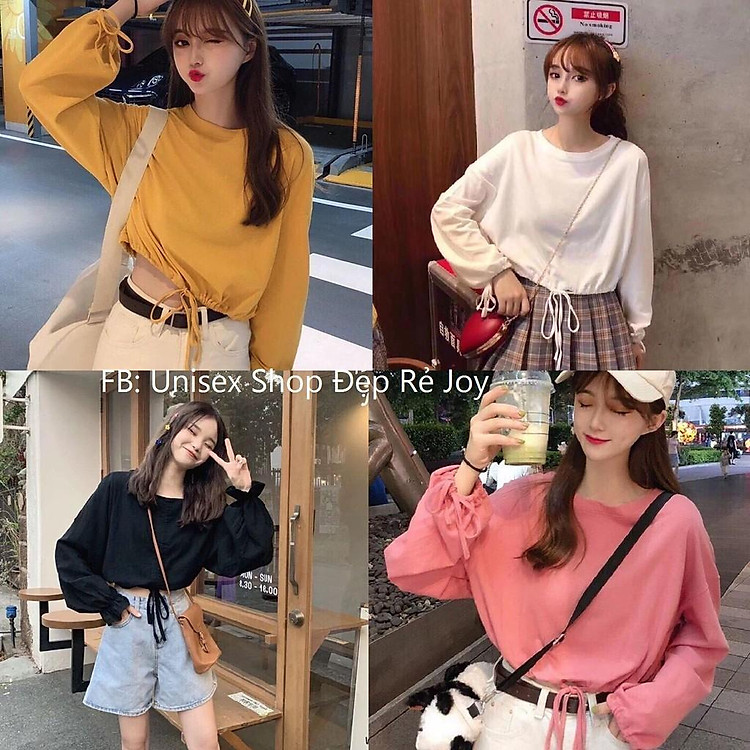 ÁO THUN CROPTOP RÚT DÂY TRƠN FORM RỘNG TAY DÀI - ÁO NHÓM CROP 5