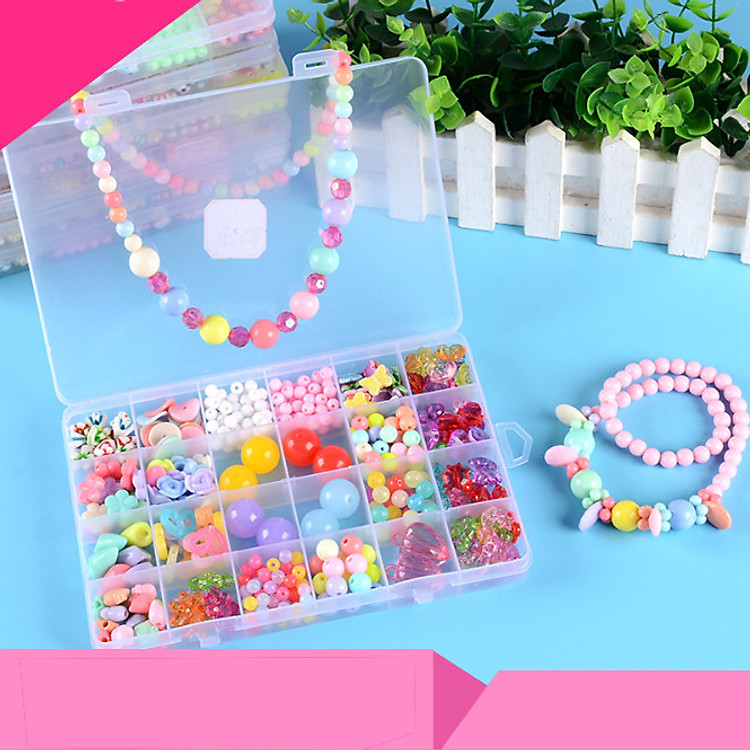 Bộ vòng tay- vòng cổ- Bờm cho bé tự làm hộp chữ nhật (Có kèm vật liệu như dây, khóa vòng...)