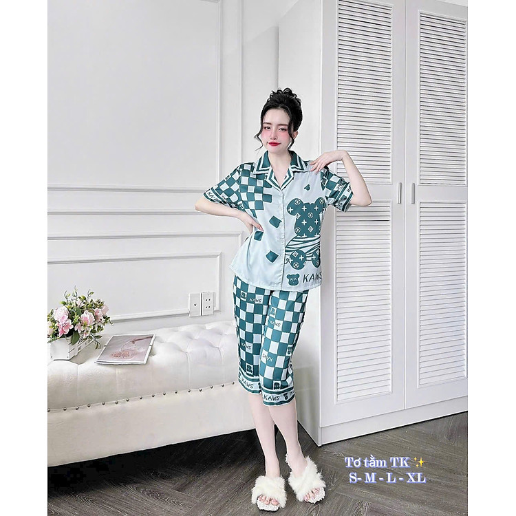 Bộ đồ ngủ lụa cao cấp cổ vuông bèo nhún tay lỡ quần dài H104