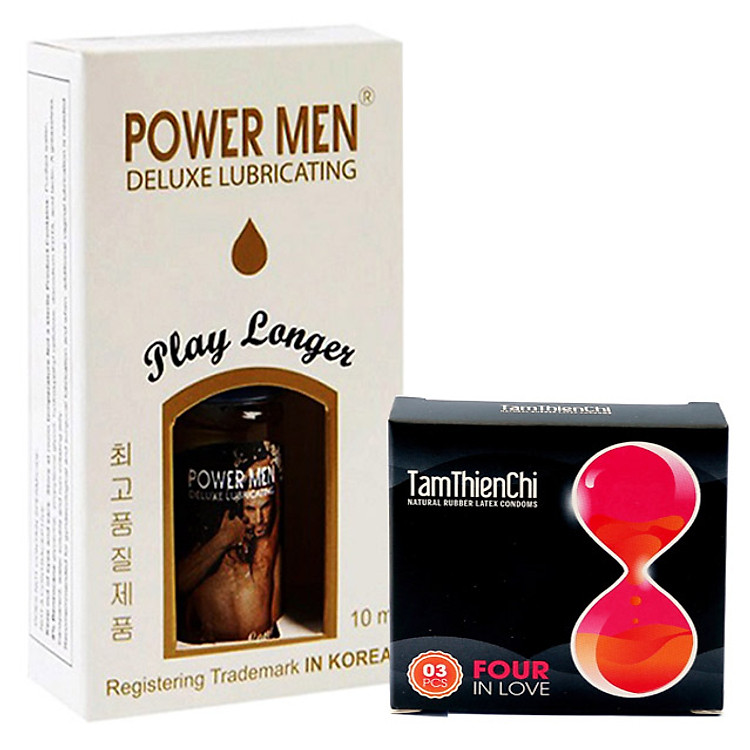 Gel bôi trơn kéo dài thời gian Powermen Play Longer chai 10ml Tặng 1 hộp Bao cao su gân bi kéo dài Tâm Thiện Chí TTC Four In Love hộp 3 cái