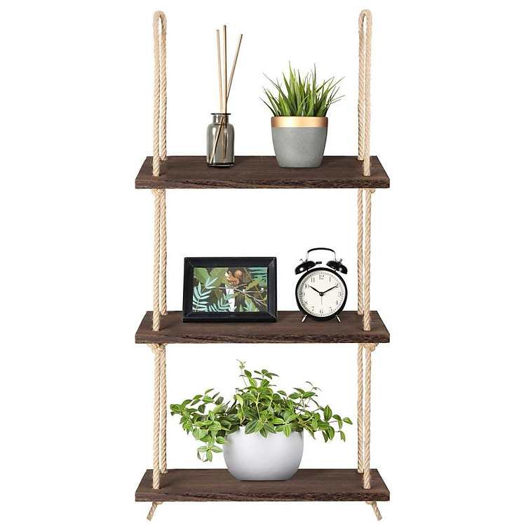 Kệ 3 Tầng Dây Thừng Gai Treo Tường Trang Trí Gỗ Thông Tự Nhiên - Kích Thước DxR: 45x12cm (Kệ không bao gồm các sản phẩm khác)