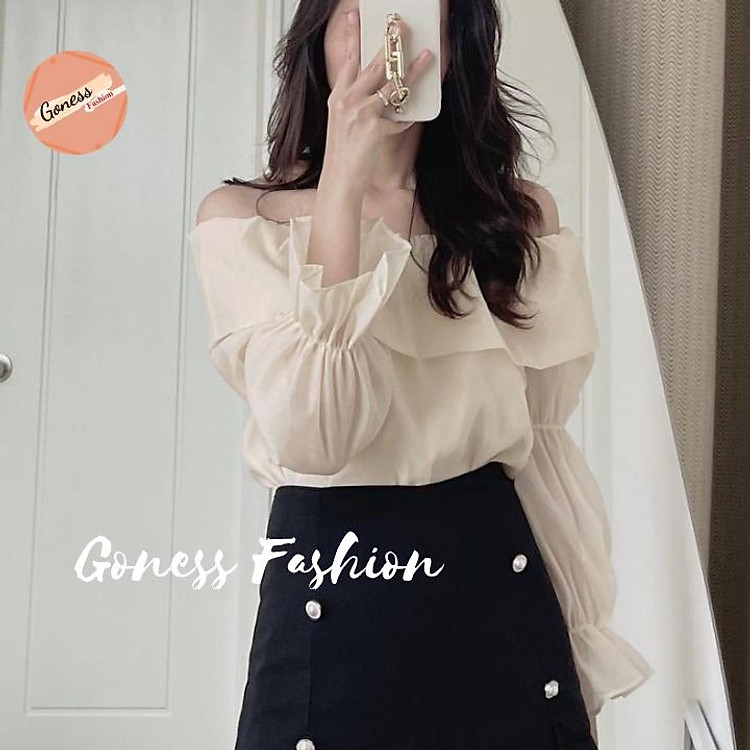 Áo sơ mi trễ vai Goness hai lớp tay dài phồng đẹp sang trọng thời trang Hàn Quốc A13