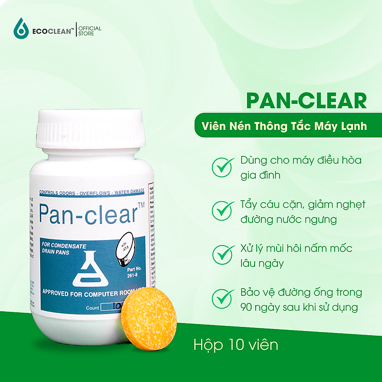 Viên nén thông tắc máy lạnh 1,5 tấn - Pan Clear màu vàng - Xử lý rong rêu, cặn bẩn - Hộp 10 viên
