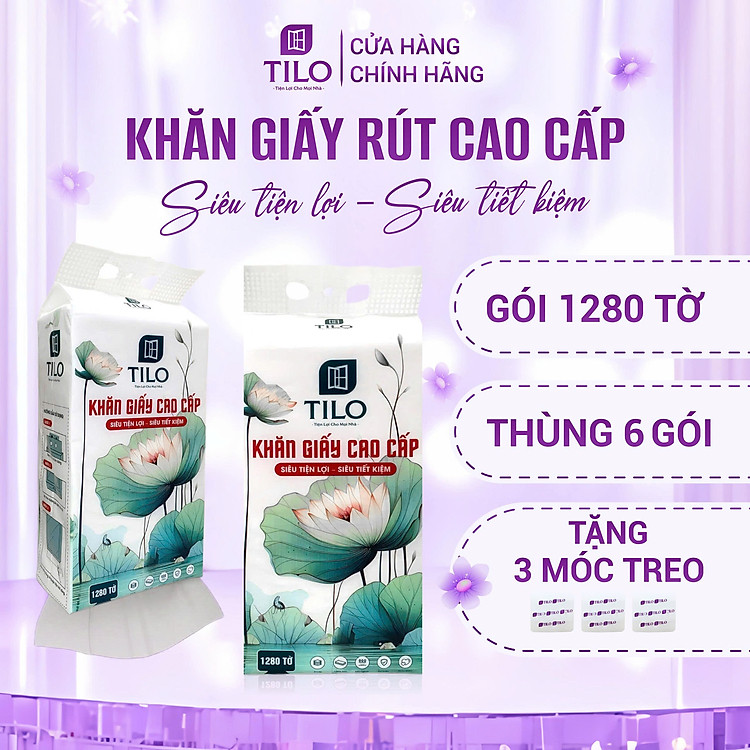 Combo 6 bịch khăn giấy rút đáy TiLo 1280 tờ tặng 3 móc treo đôi giấy dai mềm mịn