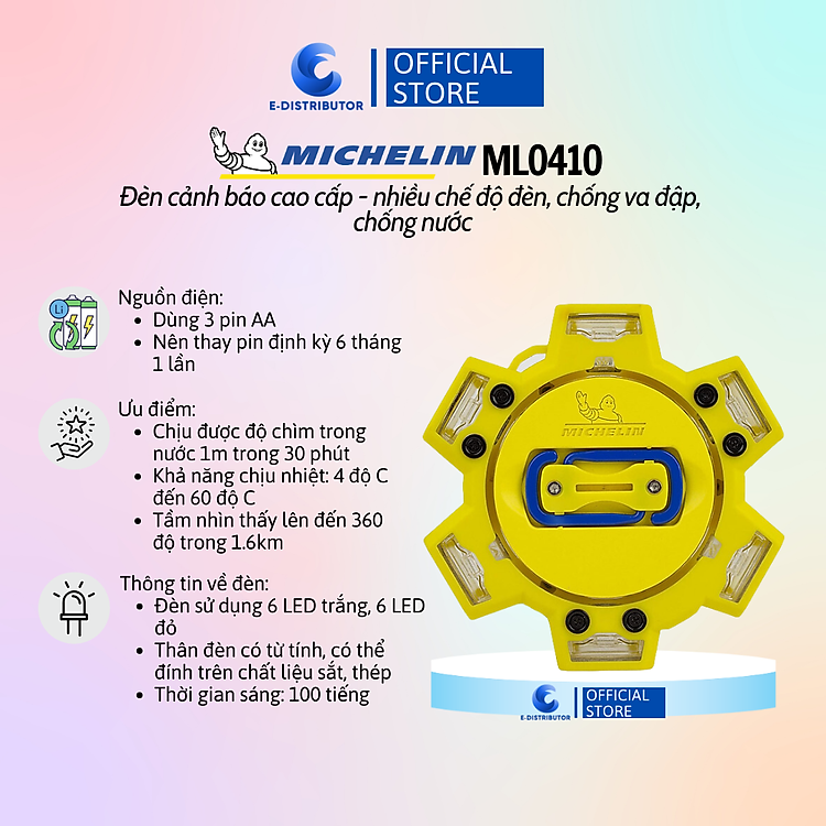 Đèn cảnh báo an toàn cao cấp nhiều chế độ đèn, chống va đập và chống nước Michelin ML0410 - Hàng Chính Hãng