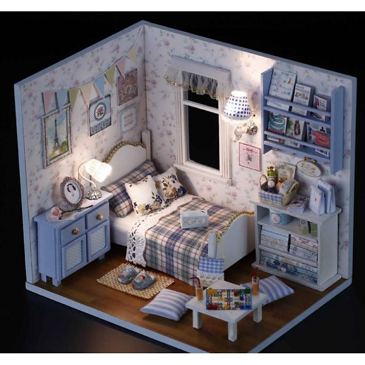 Mô hình nhà búp bê Cute Room- phòng ngủ chăn caro siêu cute