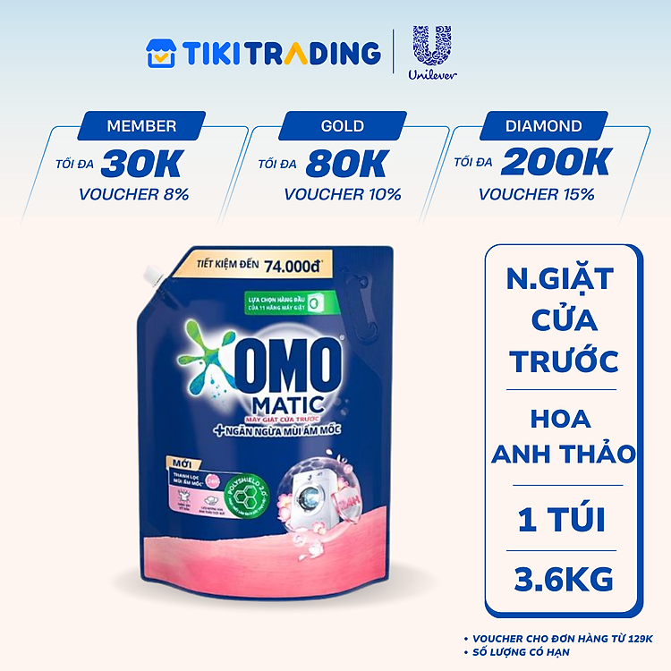 Túi Nước Giặt Omo Matic Cho Máy Giặt Cửa Trước Hương Hoa Anh Thảo Ngăn Mùi Ẩm Mốc 3.6KG