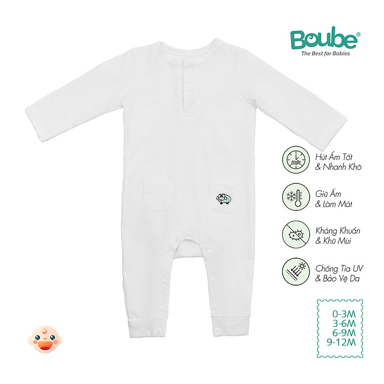 Bộ liền thân, bộ bodysuit cài thẳng dài tay 2 túi nhiều màu sắc cho bé Boube, vải Cotton organic thoáng mát - Size 0-12M