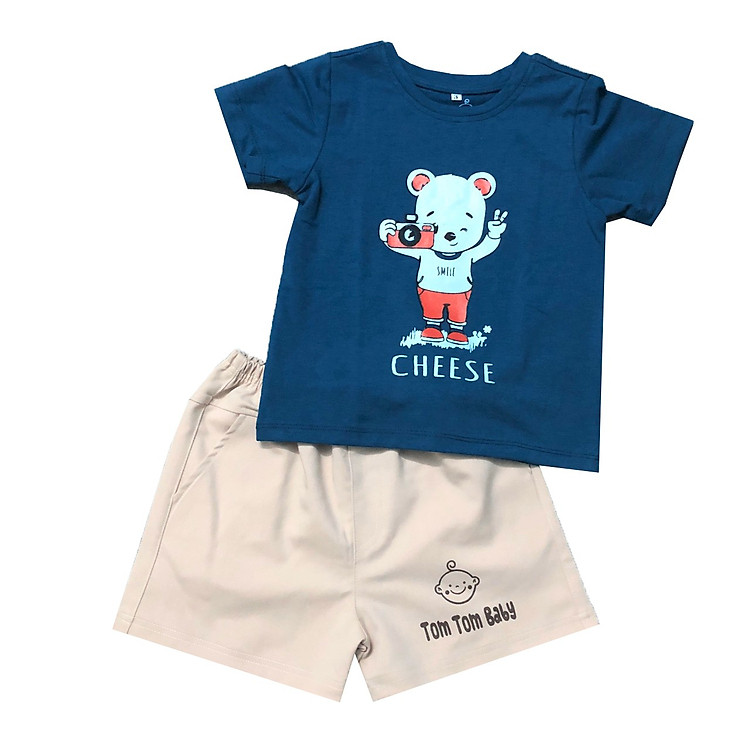 Bộ quần áo trẻ em cotton cộc tay TomTom Baby cho bé trai size 1 đến 5 Tuổi - Áo Xanh Đậm, Quần Kem