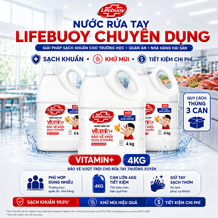 Nước Rửa Tay Lifebuoy Bảo Vệ Vượt Trội Chuyên Dụng, Can Lớn Cho Trường Học Quán Ăn Nhà Hàng Hải Sản 4kg