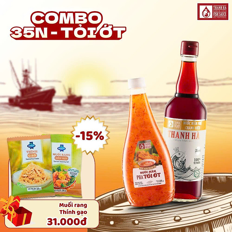 COMBO 1 CHAI NƯỚC MẮM 35 ĐỘ 520ML VÀ 1 CHAI NƯỚC MẮM TỎI ỚT 500ML => GIẢM 5% VÀ TẶNG 1 GÓI THÍNH GẠO 50G + 1GÓI MUỐI RANG HỖN HỢP 30G