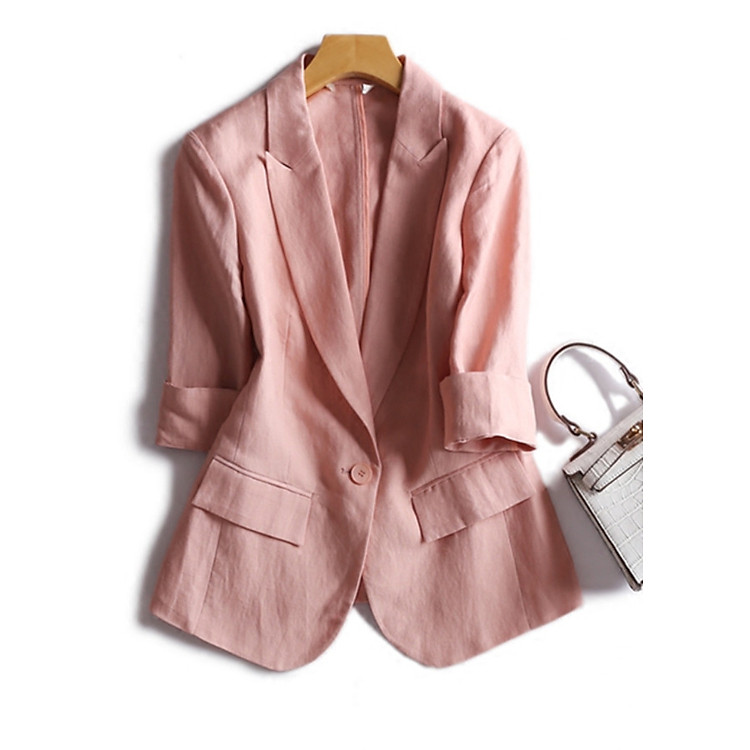 Áo Blazer Nữ Linen Hồng Pastel Hàn Quốc