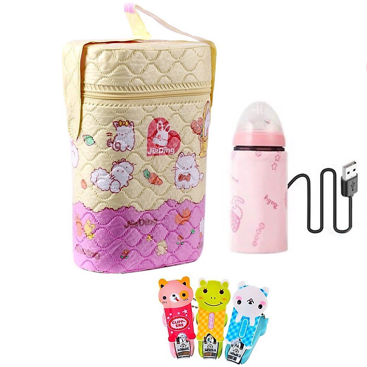 COMBO Bình Ủ Sữa Đôi Giữ Nhiệt + Tấm Ủ USB Hâm Nóng Sữa Tiện Lợi Cho Bé, Nhanh Chóng Cho Mẹ - Tặng 1 bấm móng tay cho bé (giao ngẫu nhiên )