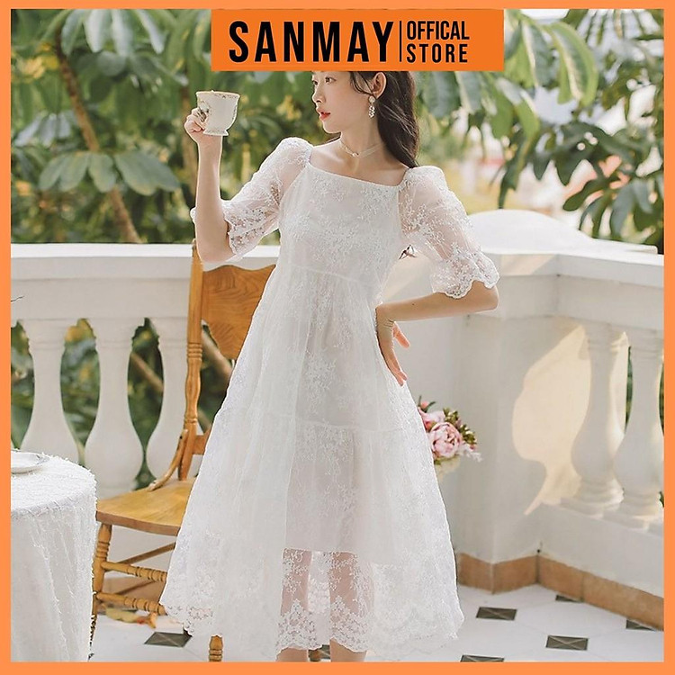 Đầm Trắng Dự Tiệc Cưới SANMAY Váy Babydoll Đi Tiệc Sang Trọng thiết kế xòe cao cấp công chúa xinh VD015