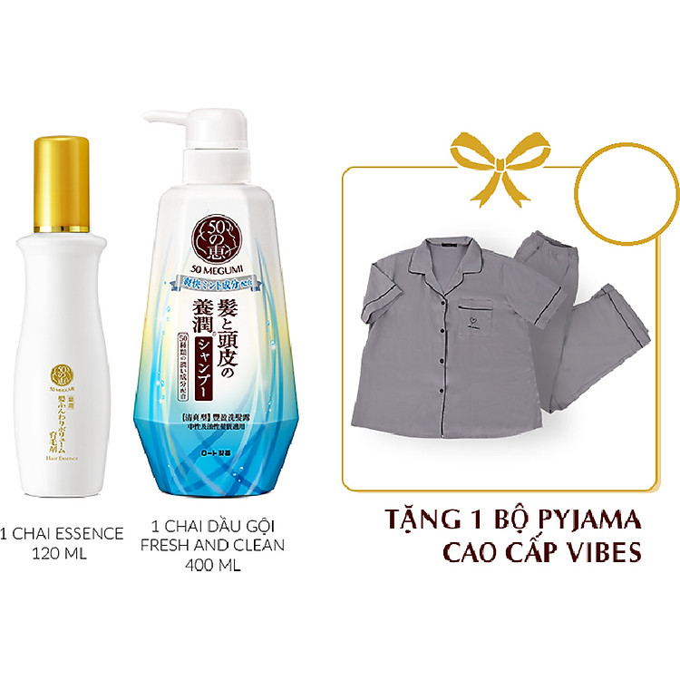 Bộ sản phẩm dưỡng tóc chuyên sâu, giảm gãy rụng, cho tóc sạch sâu và thanh mát 50 Megumi (Tinh chất dưỡng tóc 120ml + Dầu gội sạch sâu và thanh mát 400ml) + Tặng 1 Bộ Pyjama cao cấp