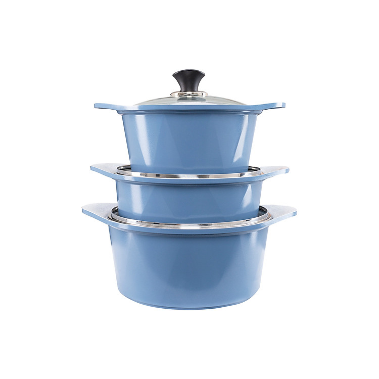 Bộ 3 nồi đúc ceramic cao cấp 2 tay cầm (20 – 22 – 24cm) tặng 1 cặp nhấc nồi sillicon (màu ngẫu nhiên)