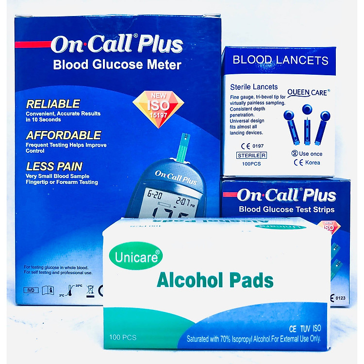 Trọn bộ máy đo đường huyết On Call Plus chính hãng Mỹ tặng kèm 50 que thử đường + 100 kim lấy máu + 100 miếng cồn sát khuẩn