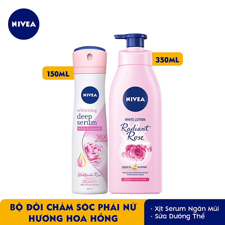 Bộ đôi Xịt Serum Ngăn Mùi NIVEA Trắng Mịn Hương Hoa Hồng Hokkaido (150ml) - 85304 & Sữa Dưỡng Thể Dưỡng Trắng NIVEA Hương Hoa Hồng Radiant Rose (350ml) - 85707
