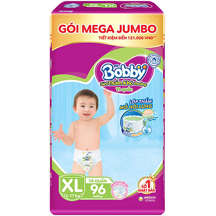 Tã Quần Bobby - Đệm Lưng Thấm Mồ Hôi XL96 (96 Miếng)