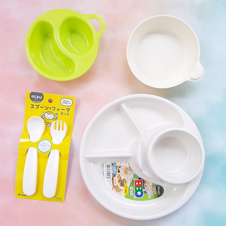 Combo dụng cụ ăn dặm cho bé số 4 (khay tròn + 2 bát + thìa nĩa) + tặng 5 zipper 10x15cm