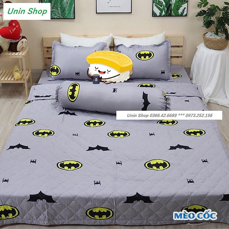 Bộ 5 món chăn hè BATMAN, poly cotton loại 1, mền trần gòn siêu nhẹ 3 lớp - 1 chăn + 1ga + 2 vỏ nằm + 1 vỏ ôm