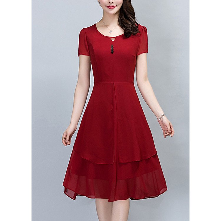 Đầm xòe dạo phố kiểu đầm xòe xẻ tầng phối nút ROMI 3079