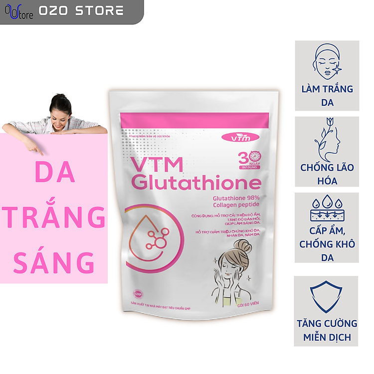 Viên uống Glutathione VTM hỗ trợ làm sáng da, hỗ trợ giảm triệu chứng khô da, nhăn da, nám da - 30 ngày