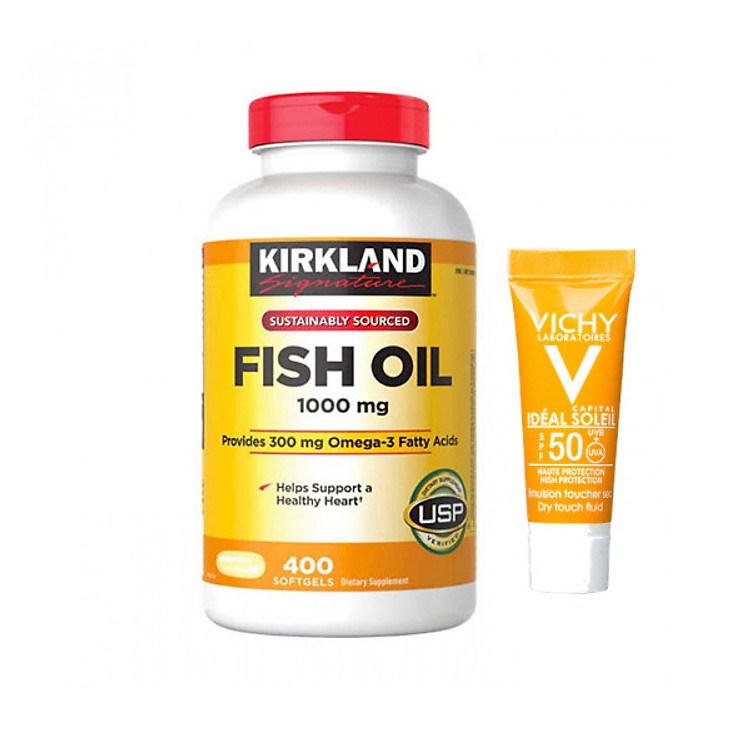 Thực phẩm bảo vệ sức khỏe Viên dầu cá Kirkland Signature Fish Oil 1000mg từ Mỹ, bổ sung Omega-3, DHA và EPA - 400 Viên Tặng kèm kem chống nắng Vichy Ideal Soleil (3ml) không trôi không nhờn rít, SPF 50 PA+++