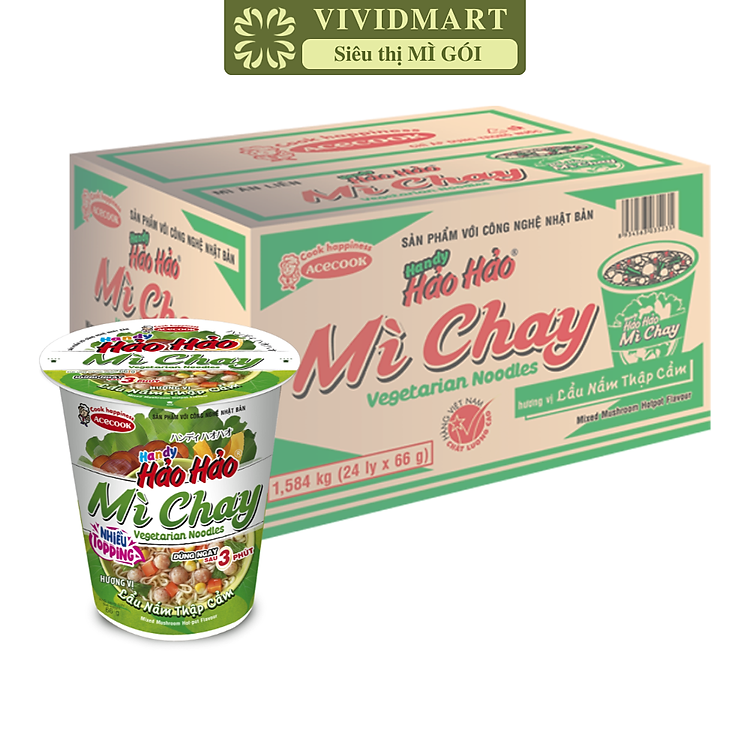 ACECOOK - Mì ly Handy Hảo Hảo hương vị lẩu nấm thập cẩm chay, Mì chay Handy Hảo Hảo lẩu nấm thập cẩm chay, Mì Handy Hảo Hảo ly chay lẩu nấm thập cẩm, Mì ly Hảo Hảo Handy lẩu nấm thập cẩm chay, Mì ly ăn liền chay (66g/ly)
